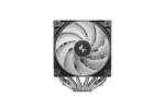 Cpu air cooler with a large square heatsink and circular silver fan, heat pipes extending below.