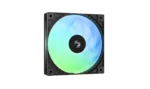 Rgb-lit square pc cooling fan with a multicolor gradient rim for case cooling.