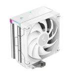White all-in-one cpu liquid cooling unit with a 120mm fan, radiator fins on the side, and mounting bracket visible as viewed at an angle.