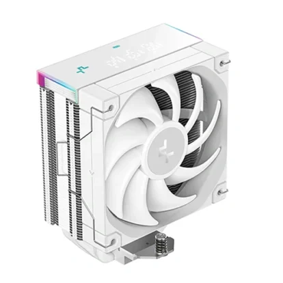 White all-in-one cpu liquid cooling unit with a 120mm fan, radiator fins on the side, and mounting bracket visible as viewed at an angle.