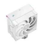 White all-in-one cpu cooler with three large fans and rgb accents, shown at an angled view.