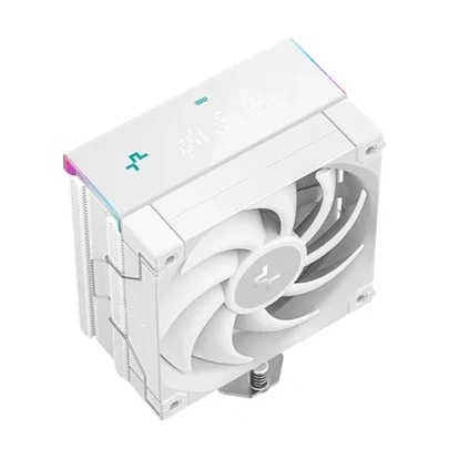 White all-in-one CPU cooler with three large fans and RGB accents, shown at an angled view.