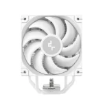 White computer cooling fan with four curved blades and a central hub logo, mounted for pc cooling