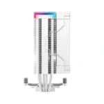 Tower cpu air cooler with stacked metal fins, four heat pipes, and a white mounting bracket (pink/blue accent at the top).