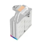 Diagonal view of a cpu air cooler with multiple thin fins, four heat pipes, and a copper contact plate at the top; shows a small colored led strip at the base edge.