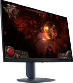Alienware curved gaming monitor on a stand displaying path of exile gameplay in a lava-filled dungeon scene.