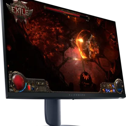 Alienware curved gaming monitor on a stand displaying path of exile gameplay in a lava-filled dungeon scene.