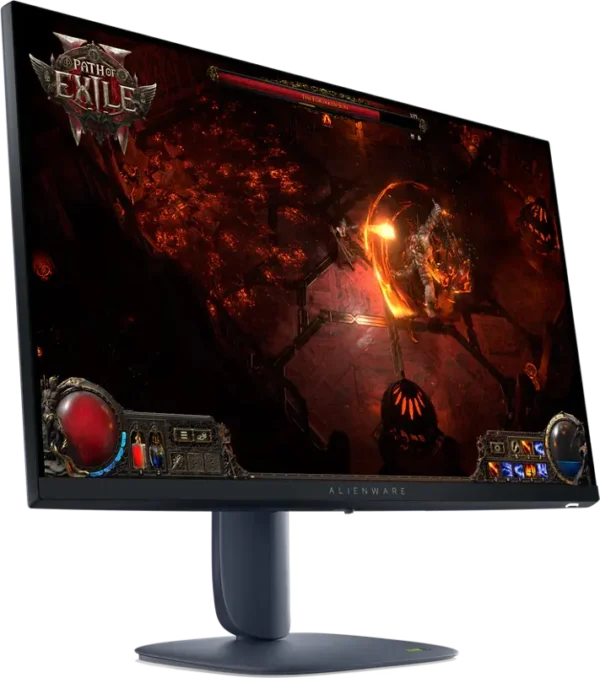 Alienware curved gaming monitor on a stand displaying path of exile gameplay in a lava-filled dungeon scene.