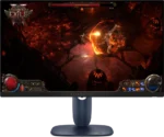 Alienware monitor displaying path of exile gameplay with a fiery battle scene and user hud visible.