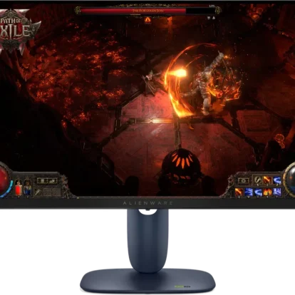 Alienware monitor displaying path of exile gameplay with a fiery battle scene and user hud visible.