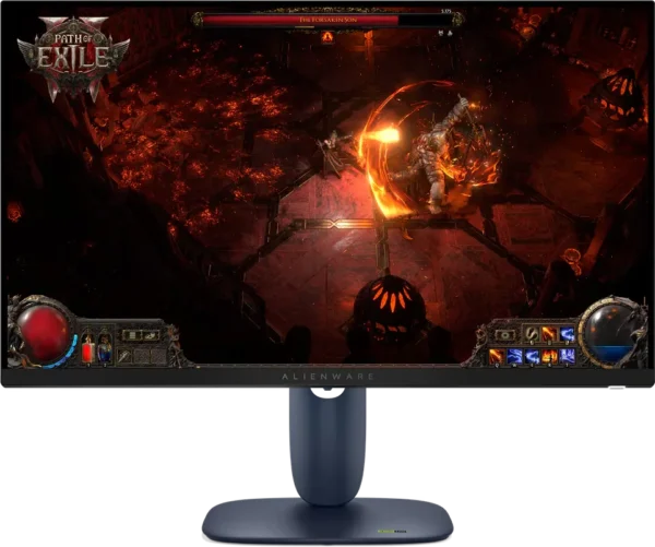Alienware monitor displaying path of exile gameplay with a fiery battle scene and user hud visible.