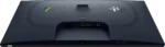 Back view of a dark monitor with a central stand, showing power, hdmi, usb ports and circular vent perforations.