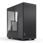 Black mid-tower pc case with a mesh front panel and a tempered glass side panel, showing pci slots and internal drive bays.