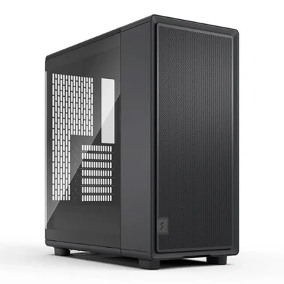 Black mid-tower PC case with a mesh front panel and a tempered glass side panel, showing PCI slots and internal drive bays.