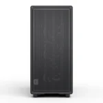 Tall black pa speaker with a perforated front grille and small logo at lower left.