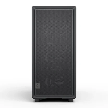 Tall black PA speaker with a perforated front grille and small logo at lower left.