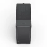 Tall black desktop speaker with a ribbed front grille and top control area viewed from a top-front angle.