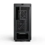 Rear view of a black computer tower with ventilation grids, expansion slots, and a bottom power supply bay.