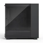 Black mid-tower pc case with a dark tinted tempered-glass side panel, showing the internal drive bays and motherboard area.