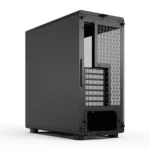 Black computer tower seen from the back, with pci slots, ventilation grille, and a bottom power-supply opening