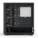 Interior of a black pc case with cable routing channels, pcie expansion slots, and a motherboard tray cutout; empty with no components present