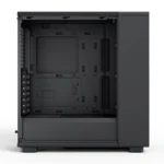 Black mid-tower pc case with side panel removed, empty interior showing the motherboard tray, expansion slots, and drive bays.