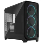 Mid-tower pc case with a glass side panel and three front rgb fans showing blue/purple rings