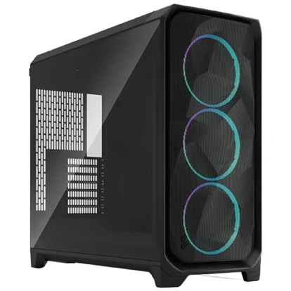 Mid-tower PC case with a glass side panel and three front RGB fans showing blue/purple rings