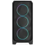 Black mid-tower pc case with three vertical rgb-ring fans on the front panel