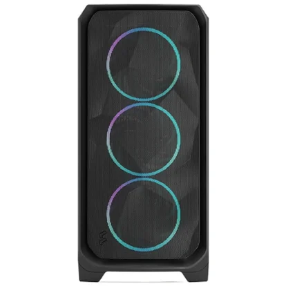 Black mid-tower PC case with three vertical RGB-ring fans on the front panel