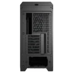 Rear view of a dark gray desktop computer tower with ventilation grills, expansion slots, and a power supply area visible at the bottom of the back panel.