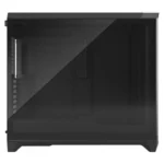 Black mid-tower pc case with a diagonal-tinted tempered-glass side panel and exposed interior (empty)