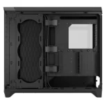 Black pc case interior with the side panel removed; large front fan/radiator mounting area on the left, cable routing space in the middle, and a motherboard tray area with drive bays and a windowed side panel on the right.