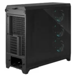 Mid-tower pc case with a transparent side panel and three blue-lit front fans visible through the glass, showing internal cooling setup