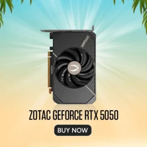 Zotac geforce rtx 5050 graphics card with a cooling fan on a colorful gradient background and a buy now button.