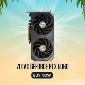 Zotac geforce rtx 5060 graphics card with dual fans, set against a sunburst background and a buy now button.