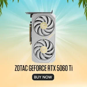 Zotac geforce rtx 5060 ti graphics card with dual cooling fans on a sunburst gradient background; buy now button.