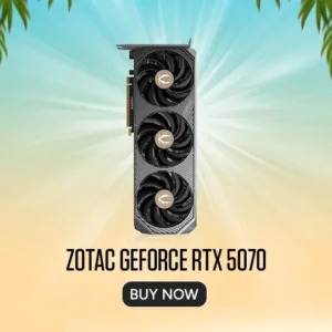 Banner ad showing a zotac geforce rtx 5070 graphics card with three fans on a gradient beach background and a buy now button.