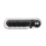 Transparent usb flash drive with a clear casing showing the internal circuit board and a black round cap at the end with a logo.