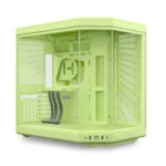 Lime-green computer tower with transparent side panels; internal motherboard, expansion slots, and drive bays visible.