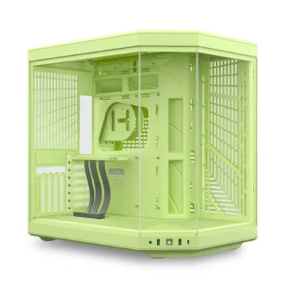Lime-green computer tower with transparent side panels; internal motherboard, expansion slots, and drive bays visible.