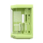 Lime-green computer tower case shown from the side with empty interior, motherboard tray, drive bays, and cable routing holes visible