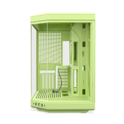 Lime-green computer tower case shown from the side with empty interior, motherboard tray, drive bays, and cable routing holes visible