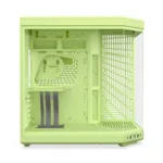 Lime-green computer tower with side panel removed, exposing an empty interior, motherboard area, and drive bays.