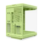 Lime green open-frame computer case with mesh panels and space for components (no side panel).
