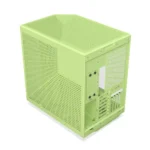 Lime-green computer case chassis with perforated panels on sides and top, shown from a diagonal front-right angle.