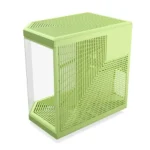 Light‑green cube-shaped pc case with lattice vent panels on top and sides and a transparent side panel.