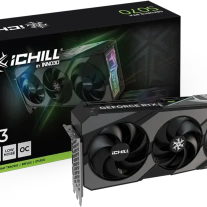 Triple-fan ichill geforce rtx graphics card shown beside its black-green retail box packaging.