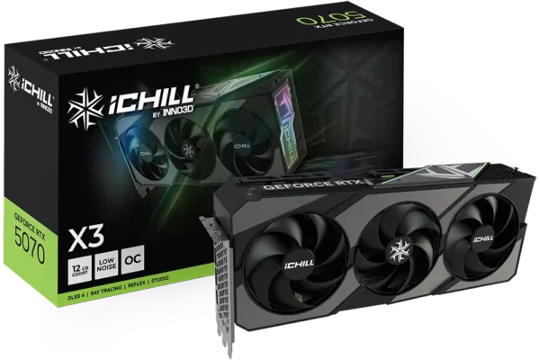 Inno3d geforce rtx 5070 ichill x3 graphic card (c50703-12d7x-195065h) Triple-fan ichill geforce rtx graphics card shown beside its black-green retail box packaging.