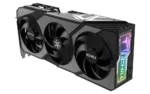 Triple-fan graphics card with a black/gray shroud and rgb-lit side panel